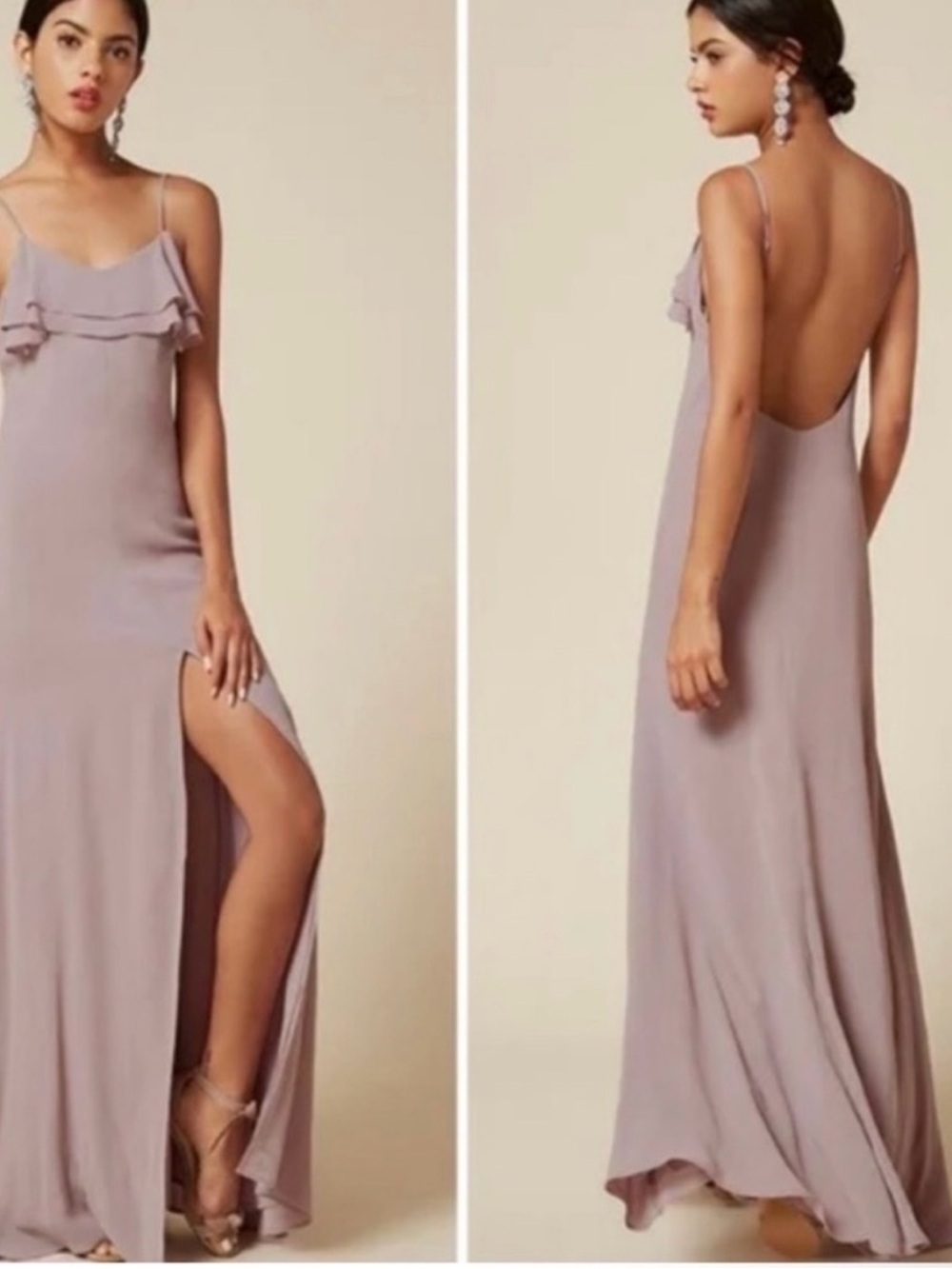 Reformation Gertrude Mauve Ruffle-Trim Spaghetti Strap Maxi Dress